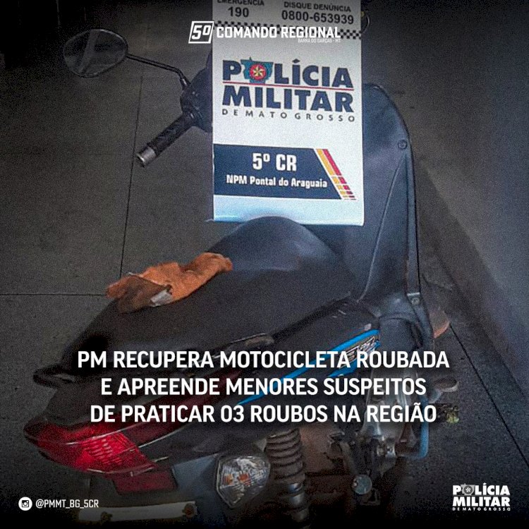 PM RECUPERA MOTOCICLETA ROUBADA E APREENDE MENORES SUSPEITOS DE PRATICAR 03 ROUBOS NA REGIÃO