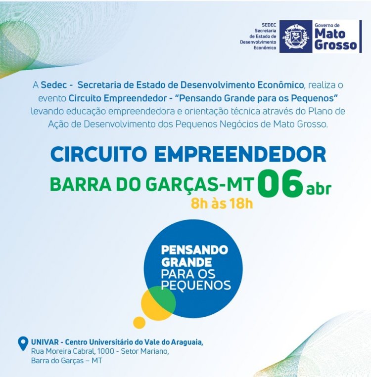 Barra do Garças sediará Circuito Empreendedor na próxima quarta-feira (06)