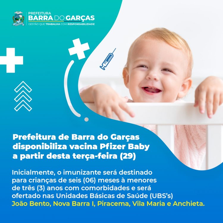 Prefeitura de Barra do Garças disponibiliza vacina Pfizer Baby a partir desta terça-feira (29)