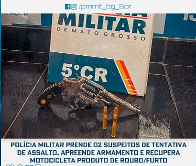 POLÍCIA MILITAR PRENDE 02 SUSPEITOS DE TENTATIVA DE ASSALTO, APREENDE ARMAMENTO E RECUPERA MOTOCICLETA PRODUTO DE ROUBO/FURTO