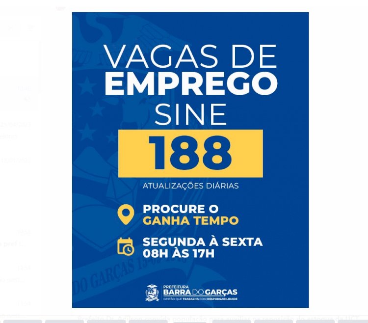 Sine de Barra do Garças divulga 188 novas vagas de trabalho