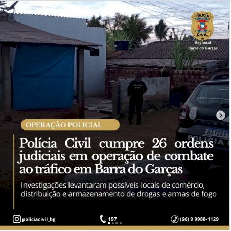 Polícia Civil cumpre 26 ordens judiciais em operação de combate ao tráfico em Barra do Garças