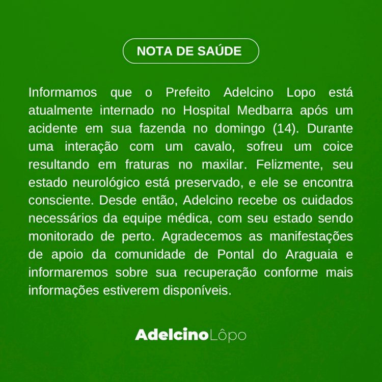 Prefeito Adelcino Lopo está internado no Hospital Medbarra após um acidente em sua fazenda no domingo