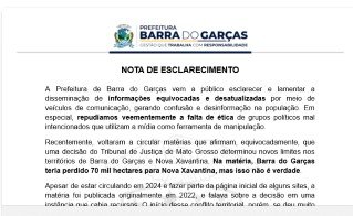 A Prefeitura de Barra do Garças vem a público esclarecer e lamentar a disseminação de informações equivocadas e desatualizadas por meio de veículos de comunicação.