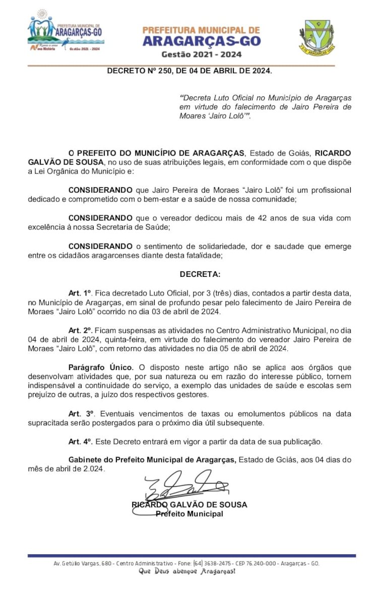 Prefeito decreta luto oficial por três dias pela morte de vereador