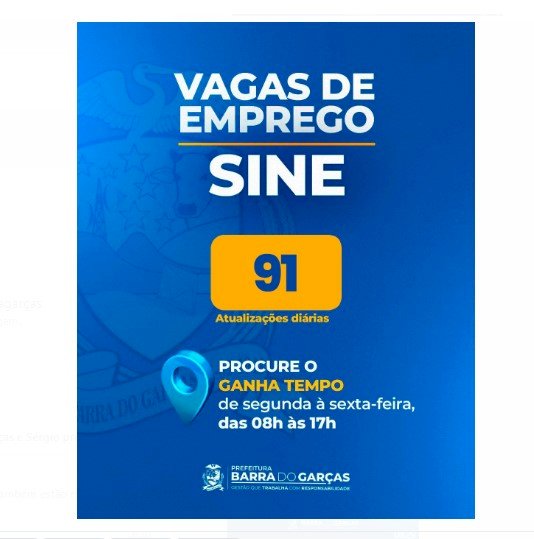 Sine de Barra do Garças divulga 91 novas vagas de trabalho nesta quinta-feira (11)