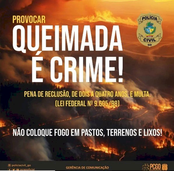 A Polícia Civil de Goiás alerta que provocar queimadas é crime!