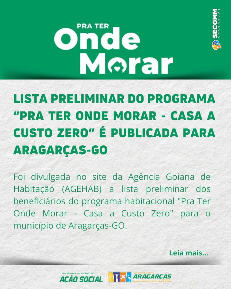 Lista Preliminar do Programa 'Pra Ter Onde Morar - Casa a Custo Zero' é Publicada para Aragarças-GO